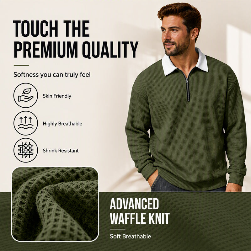 Men's Waffle Knit Half-Zip Collared Sweatshirt