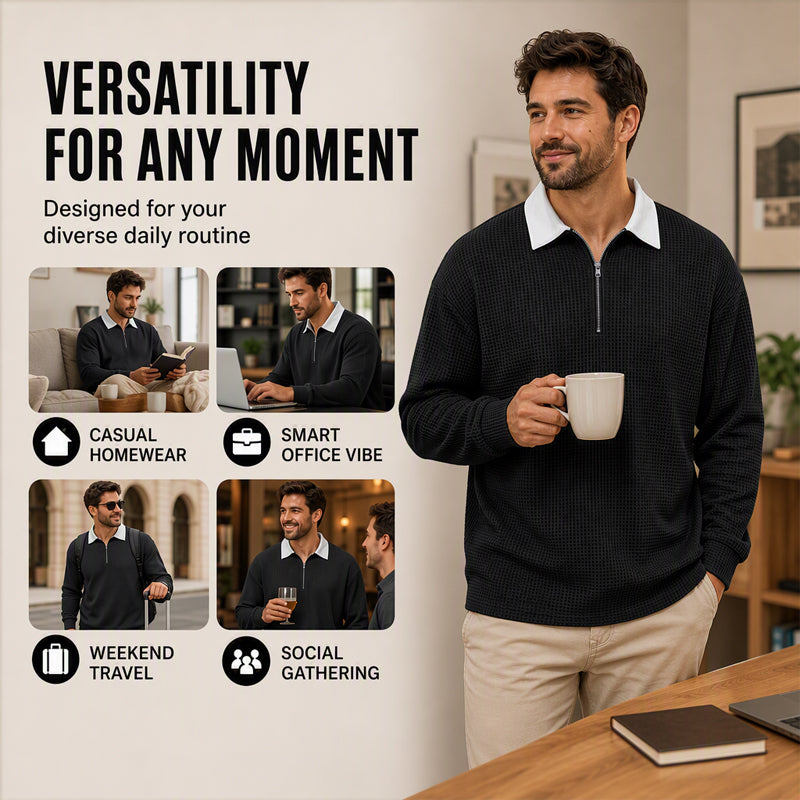 Men's Waffle Knit Half-Zip Collared Sweatshirt