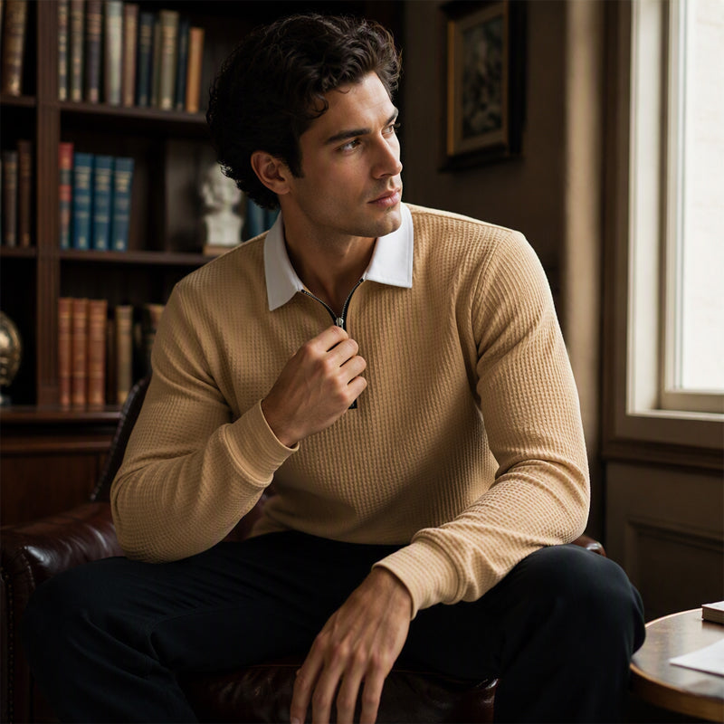 Men's Waffle Knit Half-Zip Collared Sweatshirt