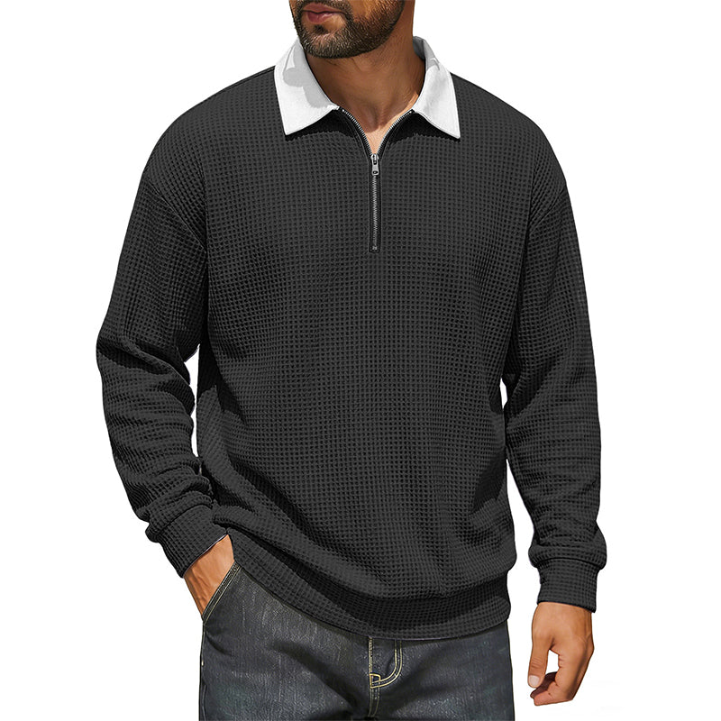 Men's Waffle Knit Half-Zip Collared Sweatshirt