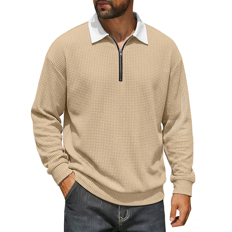 Men's Waffle Knit Half-Zip Collared Sweatshirt
