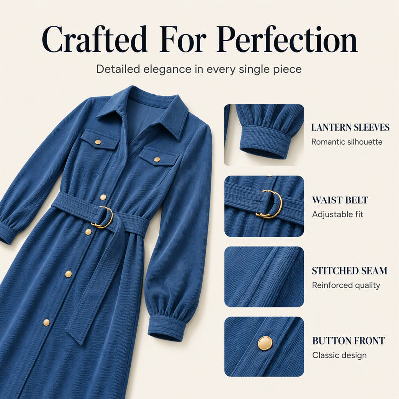Women's Corduroy Midi Shirt Dress with Belt
