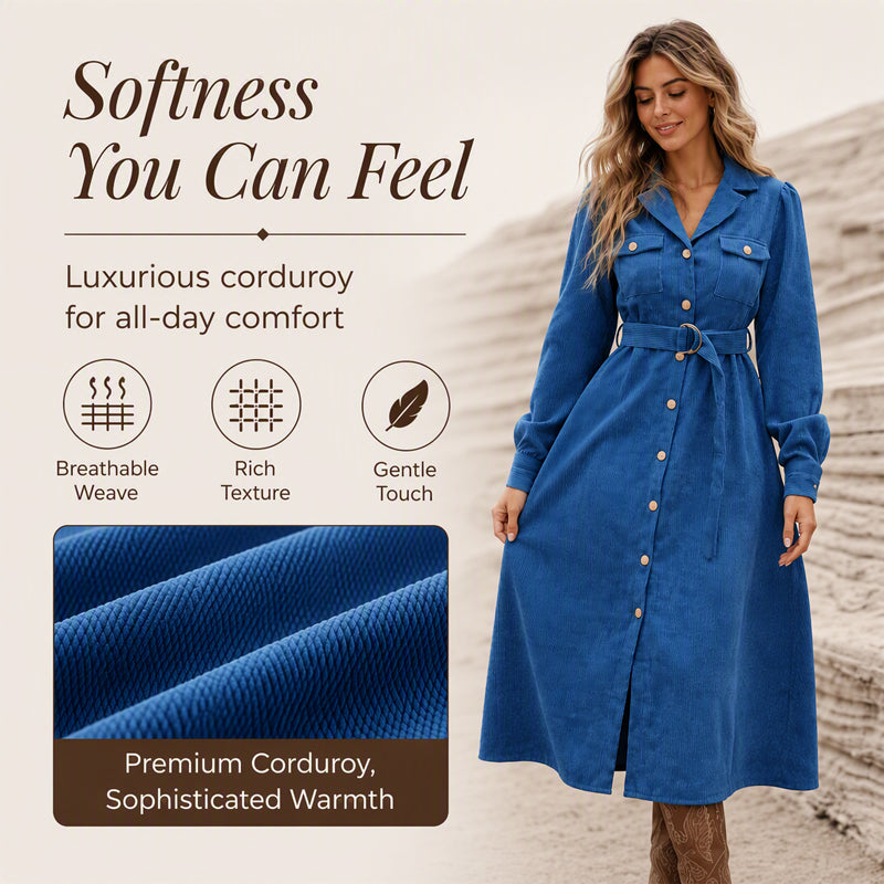 Women's Corduroy Midi Shirt Dress with Belt