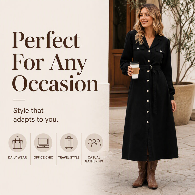 Women's Corduroy Midi Shirt Dress with Belt