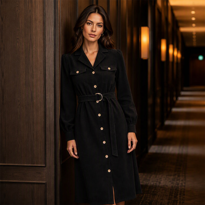Women's Corduroy Midi Shirt Dress with Belt