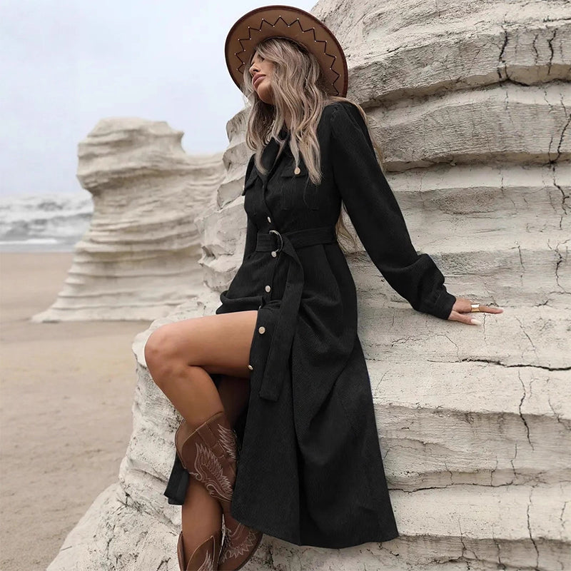 Women's Corduroy Midi Shirt Dress with Belt