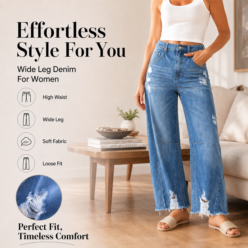 Women's Casual Distressed Wide Leg Jeans