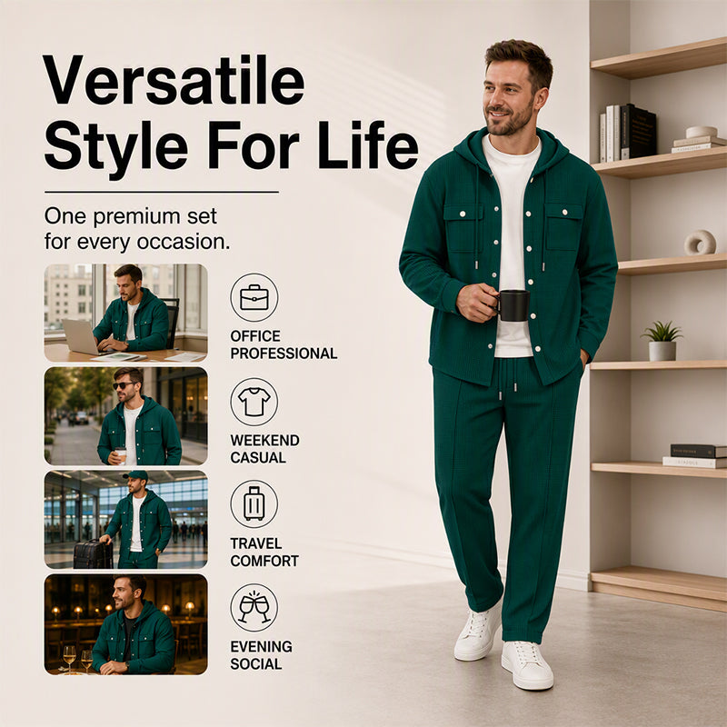 Men's Casual Waffle Hooded Jacket & Pants Set