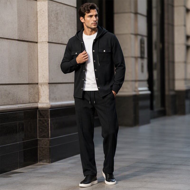 Men's Casual Waffle Hooded Jacket & Pants Set