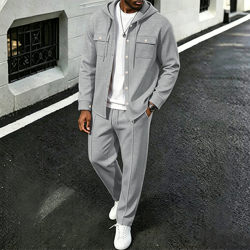 Men's Casual Waffle Hooded Jacket & Pants Set