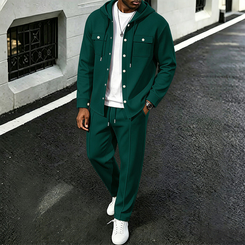 Men's Casual Waffle Hooded Jacket & Pants Set