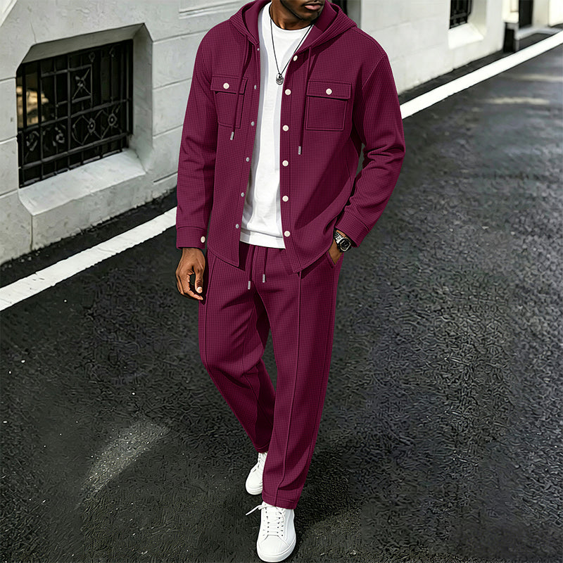 Men's Casual Waffle Hooded Jacket & Pants Set
