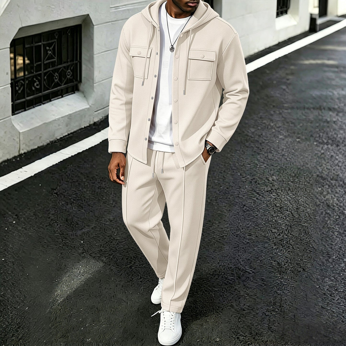 Men's Casual Waffle Hooded Jacket & Pants Set