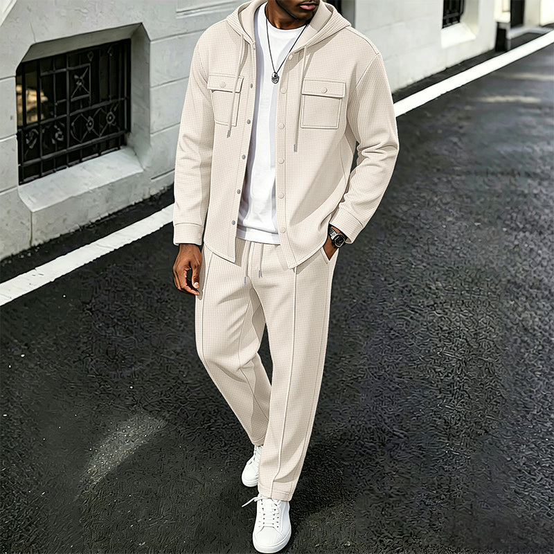 Men's Casual Waffle Hooded Jacket & Pants Set