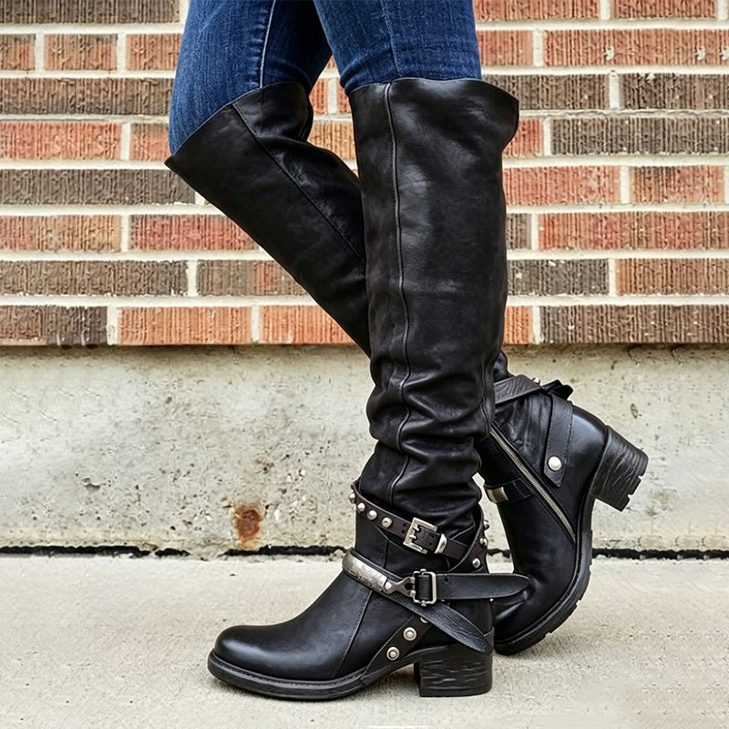 Women's Retro Buckle Strap Tall Boots