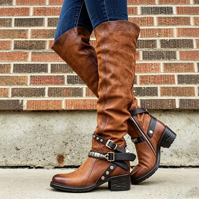 Women's Retro Buckle Strap Tall Boots