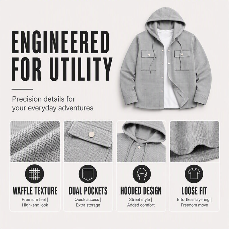 Men's Hooded Button-Down Waffle Knit Jacket