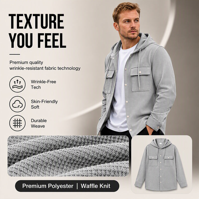 Men's Hooded Button-Down Waffle Knit Jacket