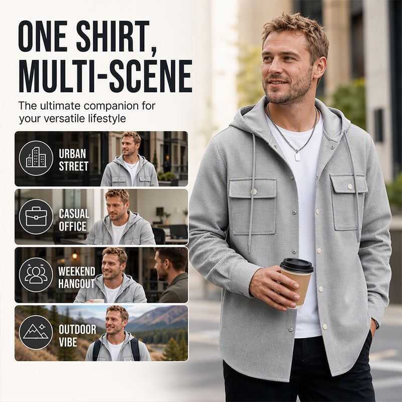 Men's Hooded Button-Down Waffle Knit Jacket
