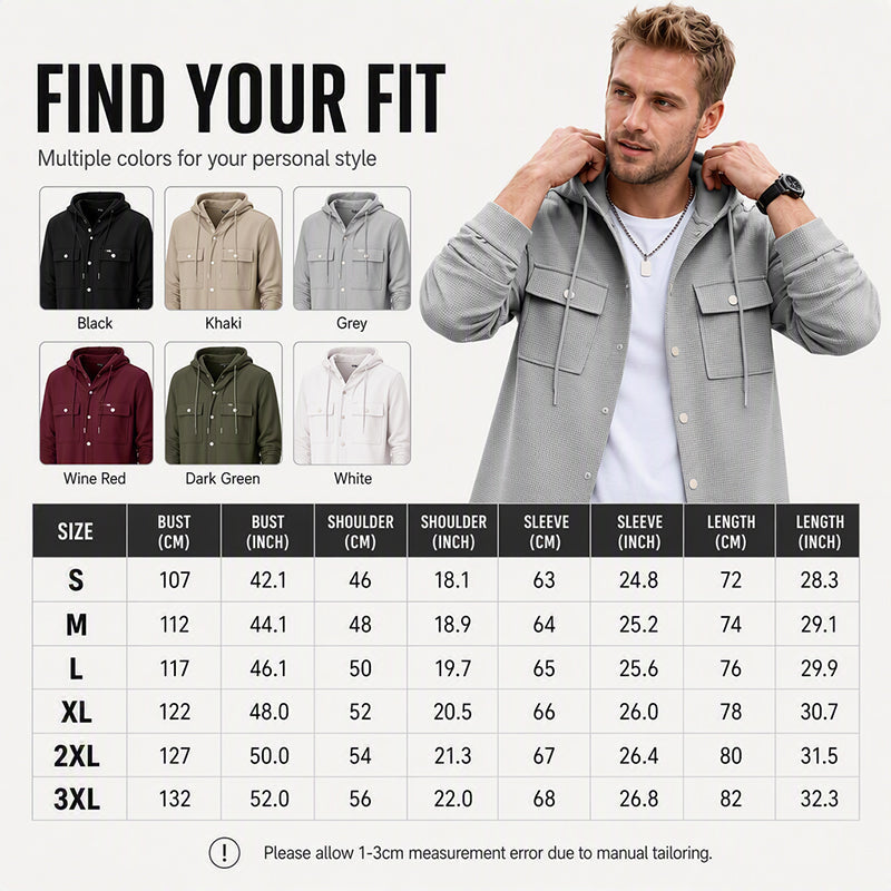 Men's Hooded Button-Down Waffle Knit Jacket