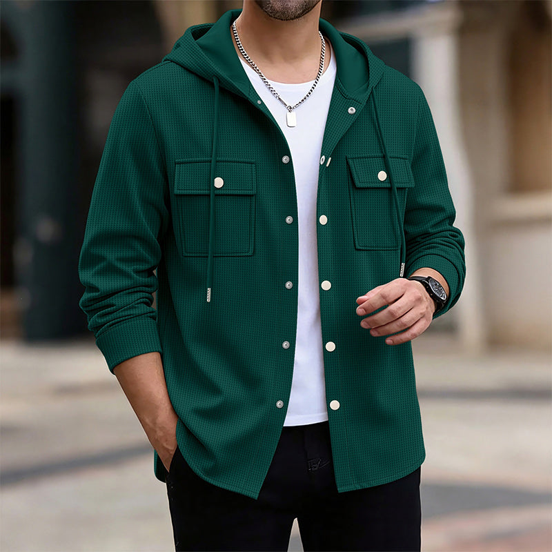 Men's Hooded Button-Down Waffle Knit Jacket