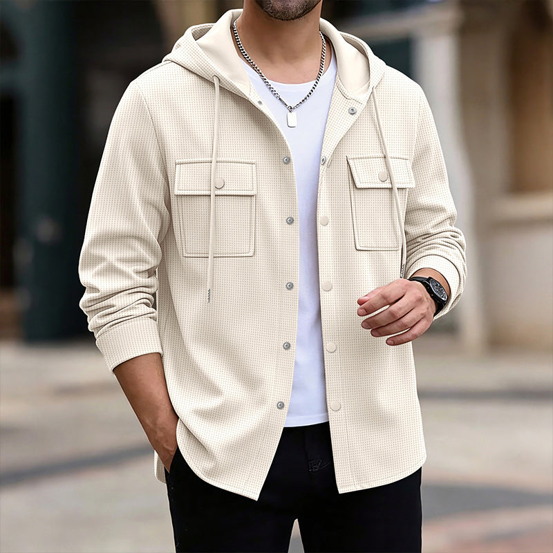 Men's Hooded Button-Down Waffle Knit Jacket
