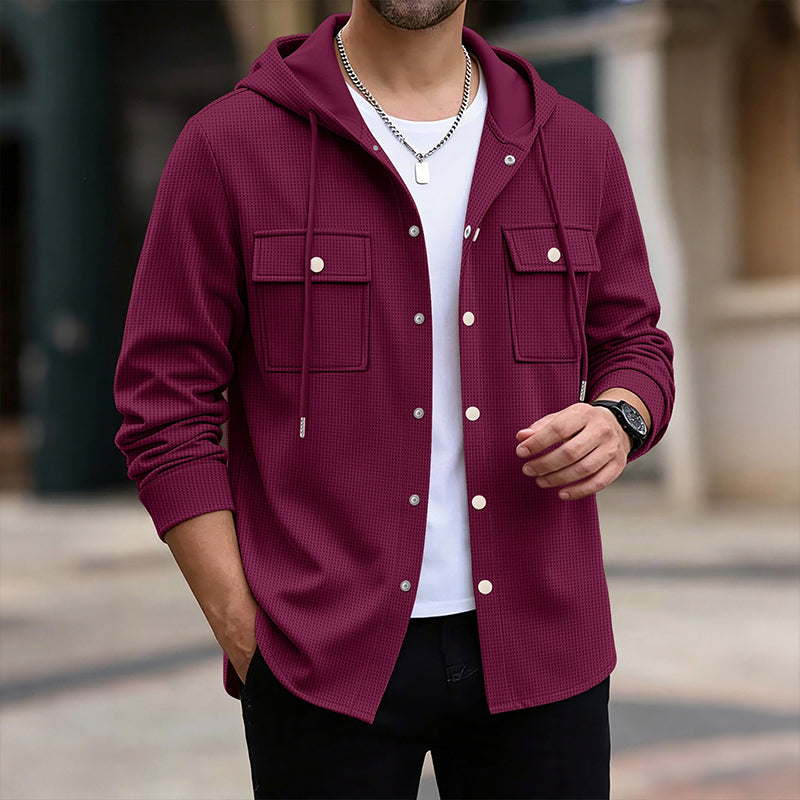 Men's Hooded Button-Down Waffle Knit Jacket