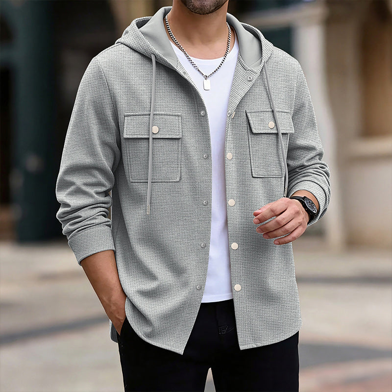 Men's Hooded Button-Down Waffle Knit Jacket