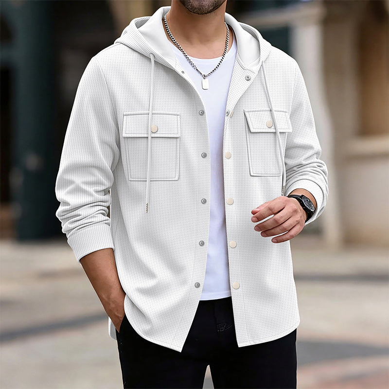 Men's Hooded Button-Down Waffle Knit Jacket