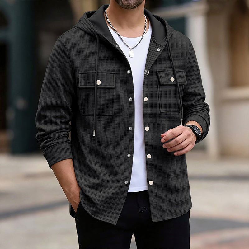Men's Hooded Button-Down Waffle Knit Jacket