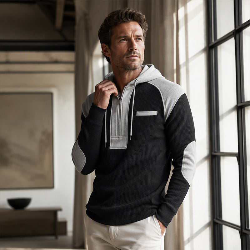Men's Casual Patchwork Waffle Knit Hoodie