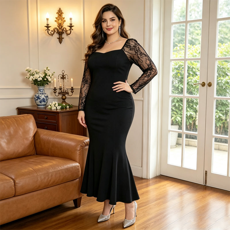Women's Plus Size Square Neck Lace Dress