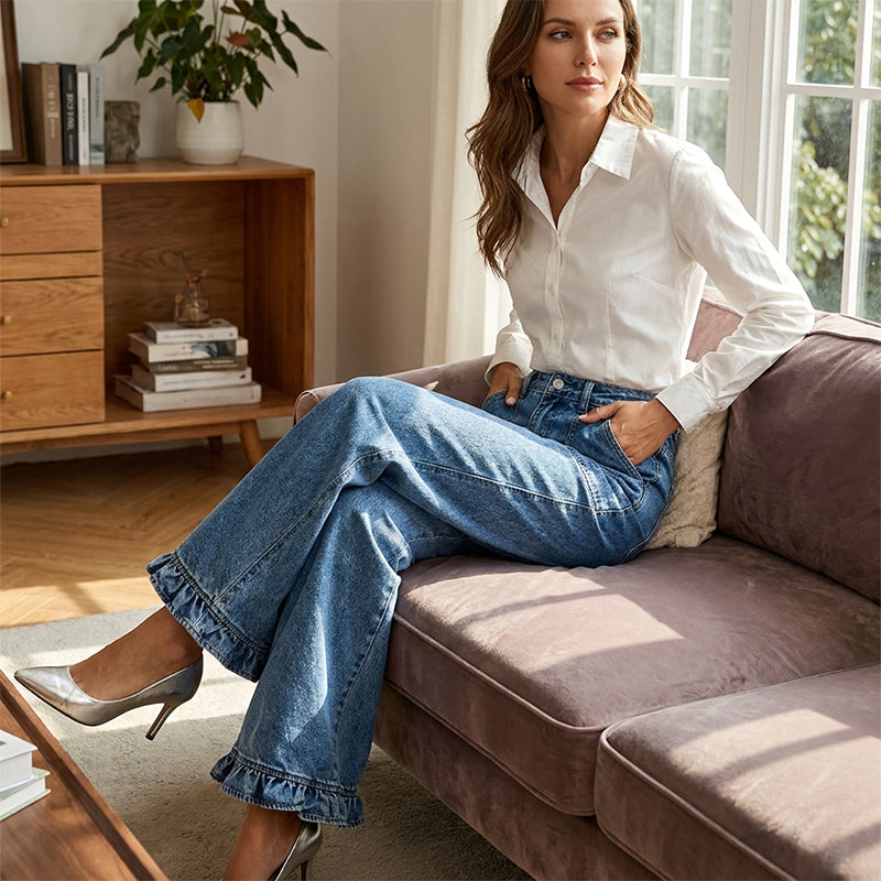 Women's Chic Ruffled Hem Straight Leg Jeans