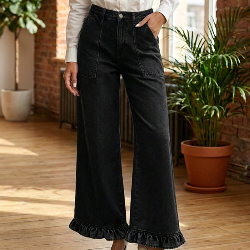 Women's Chic Ruffled Hem Straight Leg Jeans