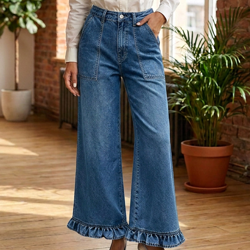 Women's Chic Ruffled Hem Straight Leg Jeans