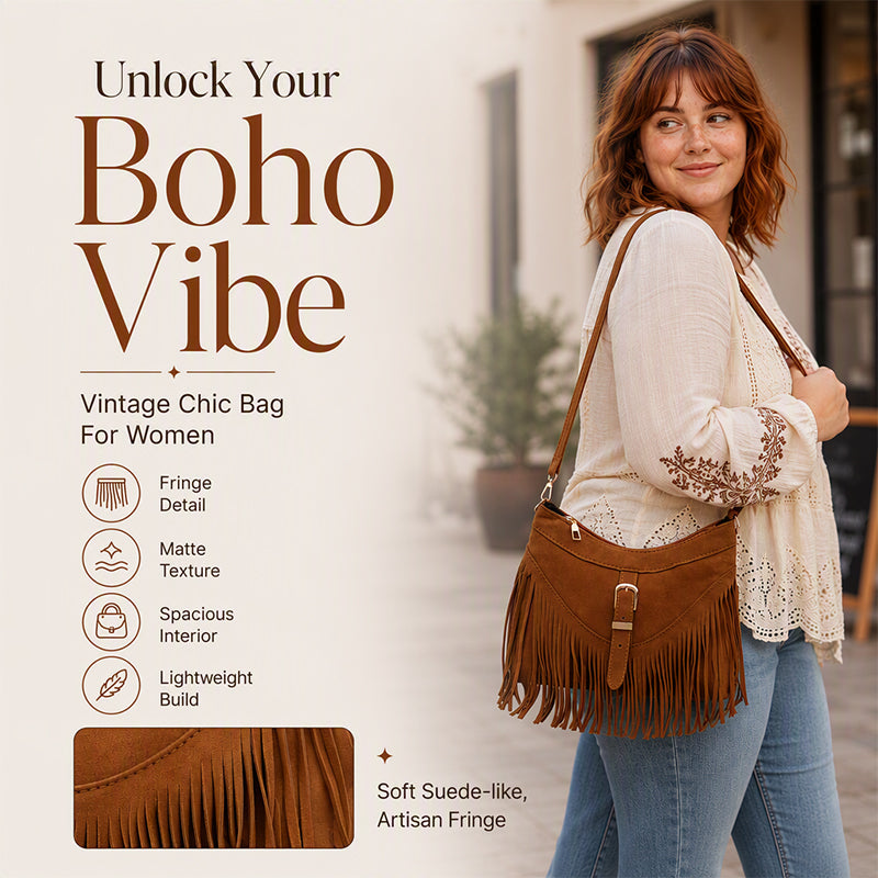 Vintage Faux Suede Fringe Crossbody Bag