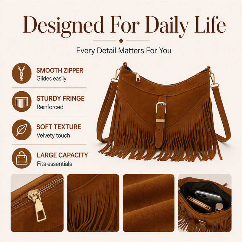Vintage Faux Suede Fringe Crossbody Bag