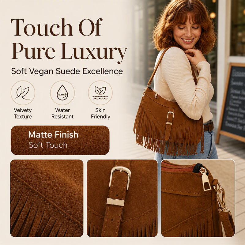 Vintage Faux Suede Fringe Crossbody Bag