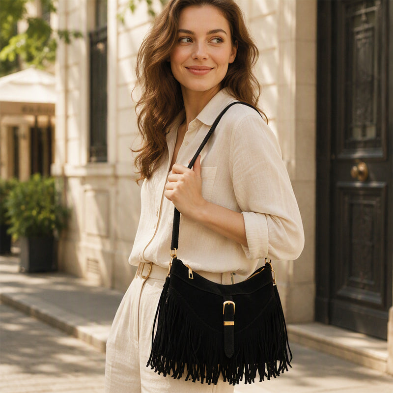Vintage Faux Suede Fringe Crossbody Bag