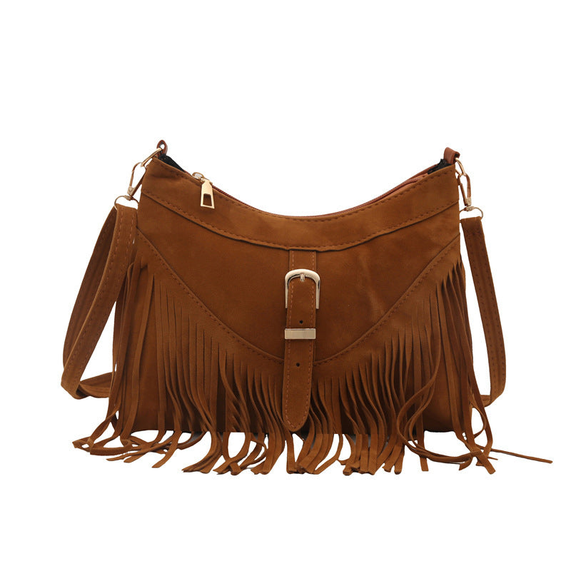 Vintage Faux Suede Fringe Crossbody Bag