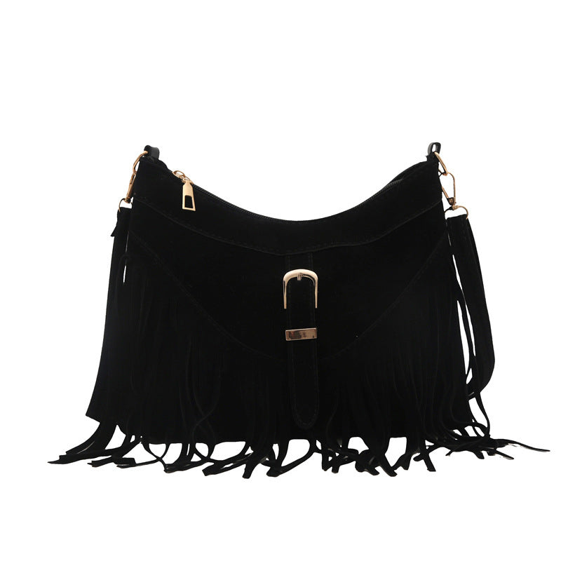Vintage Faux Suede Fringe Crossbody Bag