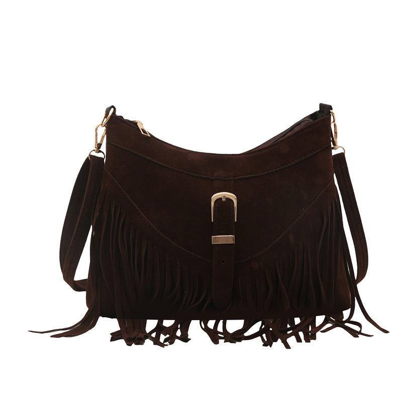 Vintage Faux Suede Fringe Crossbody Bag