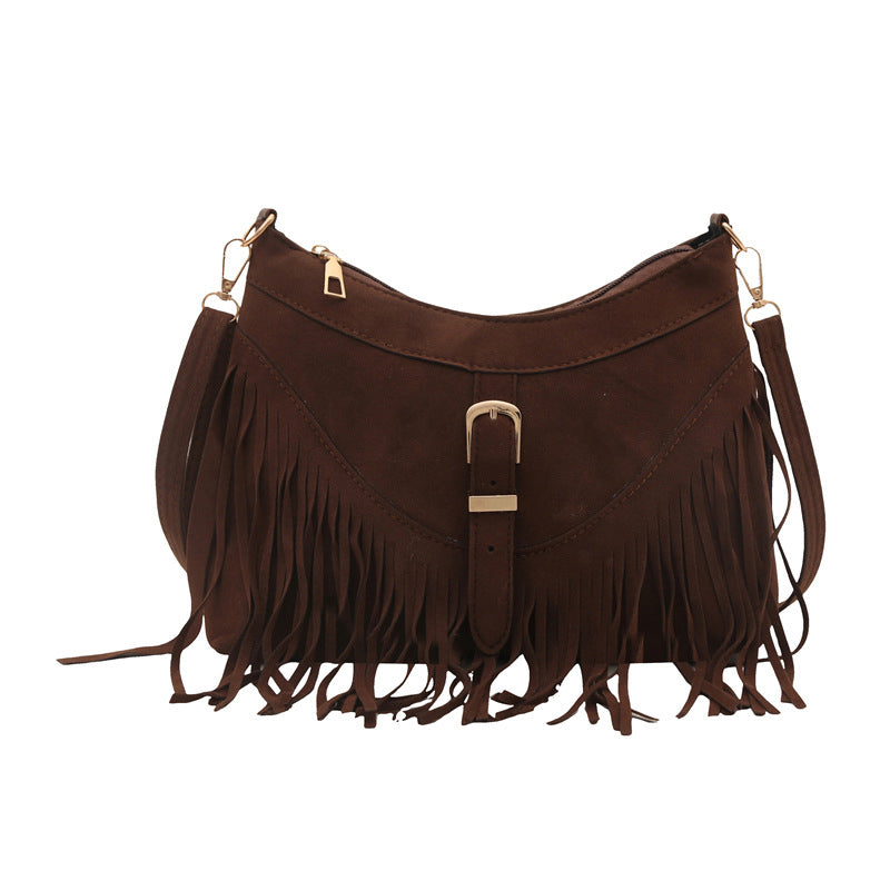 Vintage Faux Suede Fringe Crossbody Bag