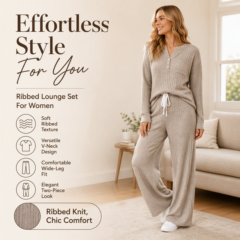 Women's Ribbed Henley Top & Wide-Leg Pants Set