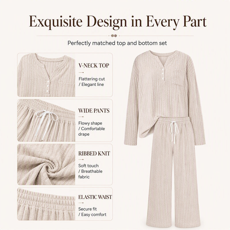 Women's Ribbed Henley Top & Wide-Leg Pants Set