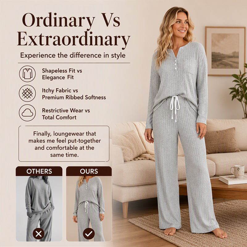 Women's Ribbed Henley Top & Wide-Leg Pants Set
