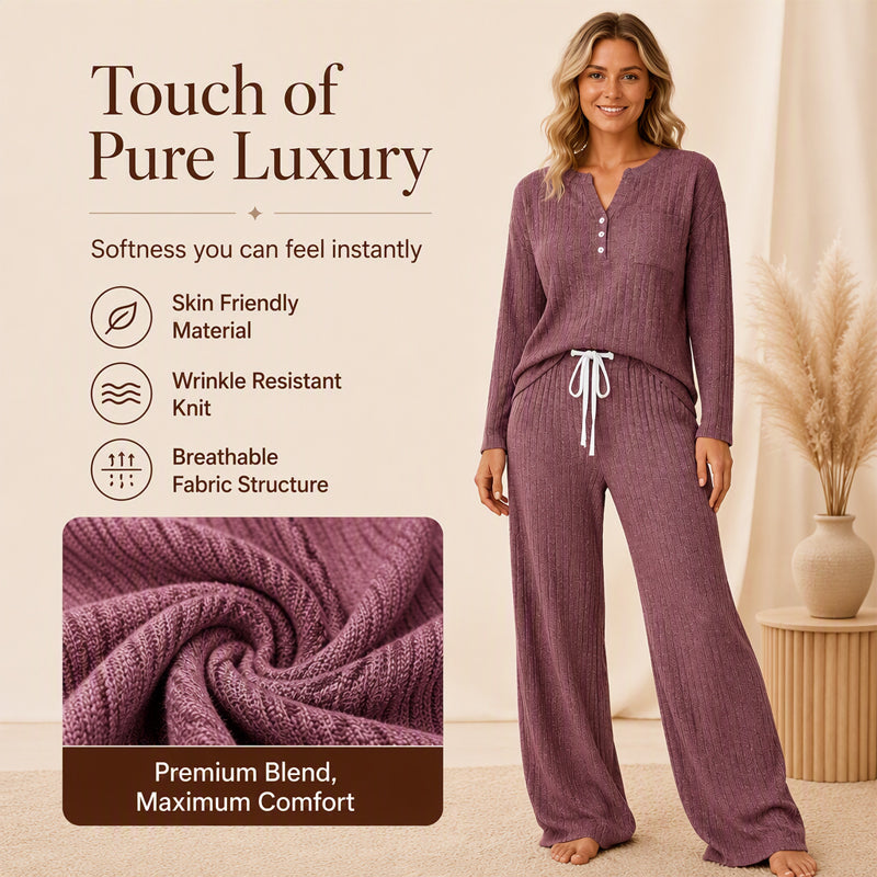Women's Ribbed Henley Top & Wide-Leg Pants Set