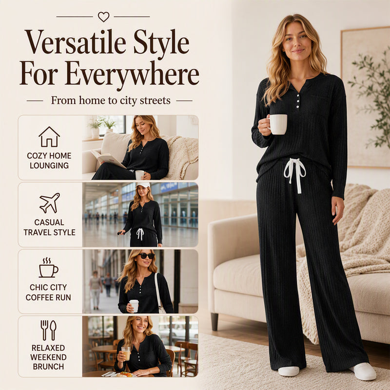 Women's Ribbed Henley Top & Wide-Leg Pants Set