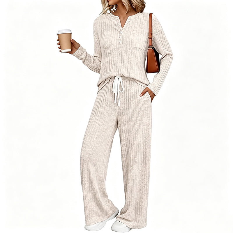 Women's Ribbed Henley Top & Wide-Leg Pants Set