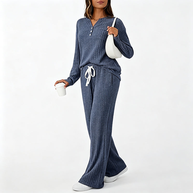 Women's Ribbed Henley Top & Wide-Leg Pants Set